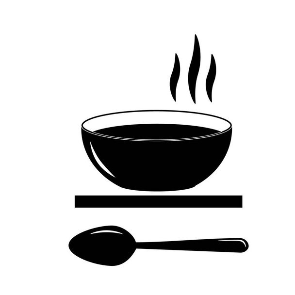 Монохромная иллюстрация тарелки с едой и ложкой. - Вектор,изображение