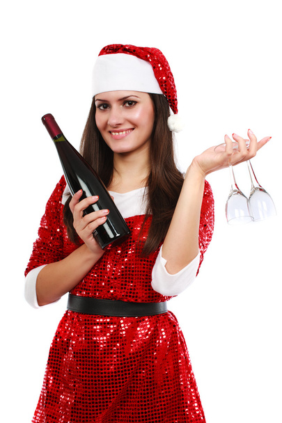 Santa helper with wine and glasses - Zdjęcie, obraz