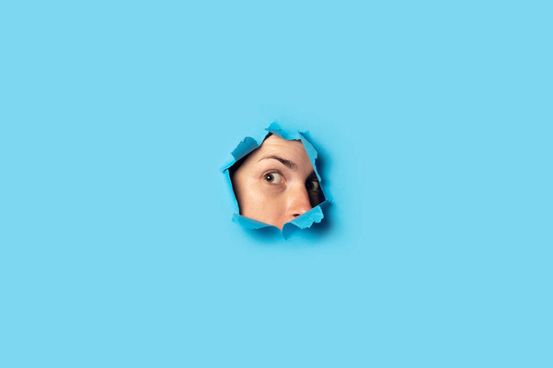 Woman peeps and looks out of the hole on a blue background. Listen, spy, wiretapping. - Photo, Image