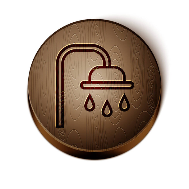 Brown line Shower head with water drops flowing icon isolated on white background. Wooden circle button. Vector Illustration. - Vector, Image