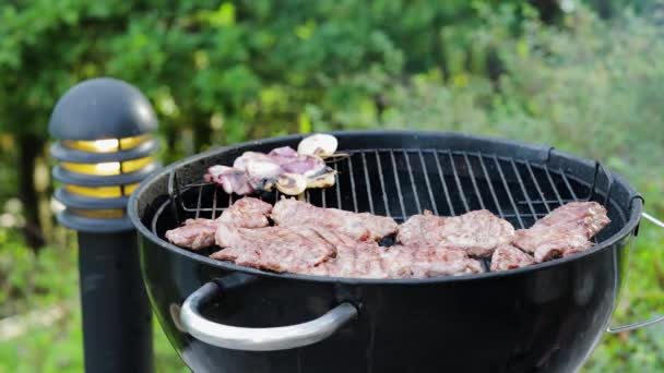 Gezicht op mannen grillen vlees steak; worsten en uien buiten op een zomerdag. Gezond voedsel concept. Zweden. - Video