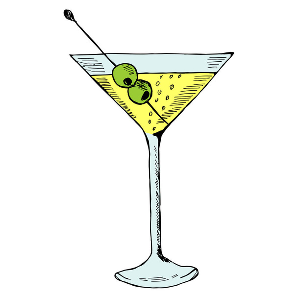 Martini with olive in glass in color - Вектор, зображення