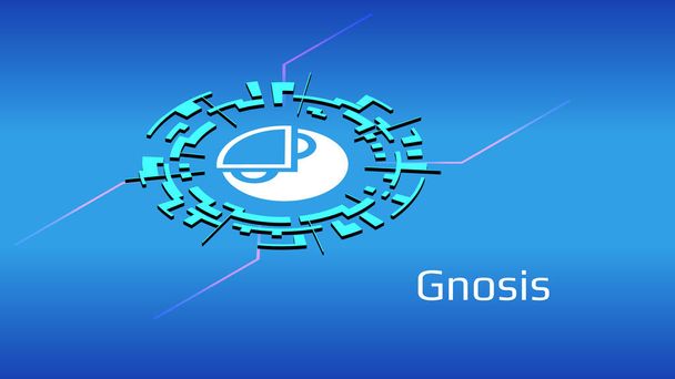 Gnóza GNO izometrický token symbol projektu DeFi v digitálním kruhu na modrém pozadí. Ikona kryptoměny. Decentralizované finanční programy. Vektor EPS10. - Vektor, obrázek