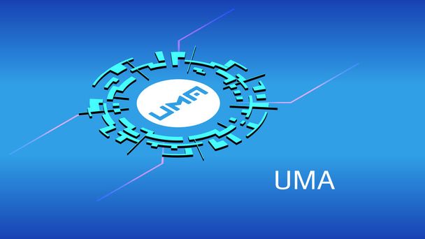 UMA isometrinen symboli DeFi hankkeen digitaalisessa ympyrässä sinisellä pohjalla. Kryptovaluuttaikoni. Hajautetut rahoitusohjelmat. Vektori EPS 10. - Vektori, kuva