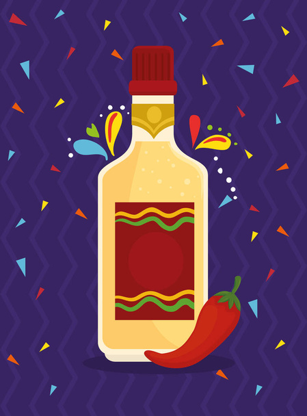 bottle of tequila with chili pepper - Vector, Image