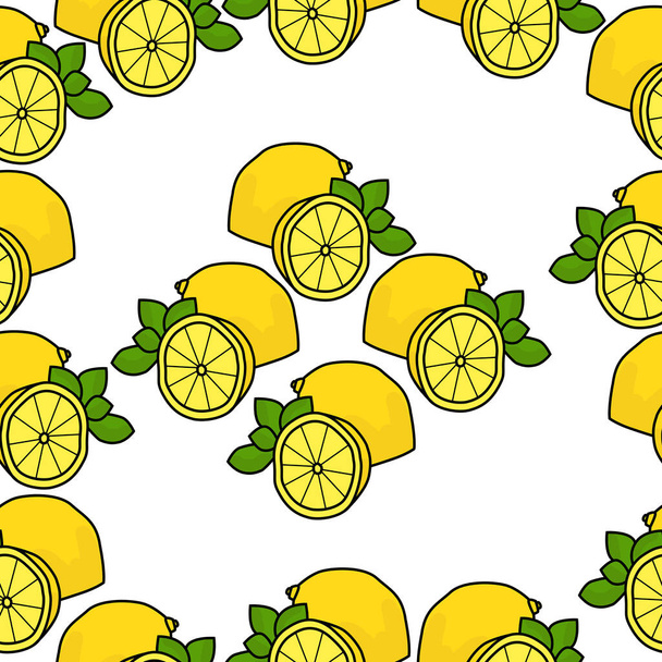 Nahtloses Muster aus einer Reihe von Zitronen in einem quadratischen Rahmen mit einer Gruppe von Früchten in der Mitte angeordnet, Zitrusfrüchte ganz und halb, Vektorillustration für das Design - Vektor, Bild