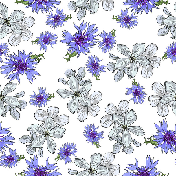 Nahtloses Muster mit zwei Arten von Blumen blauer Farbe, Tuberos und Kornblumen blühenden Pflanzen auf weißem Hintergrund, Vektorillustration für Design und Kreativität - Vektor, Bild