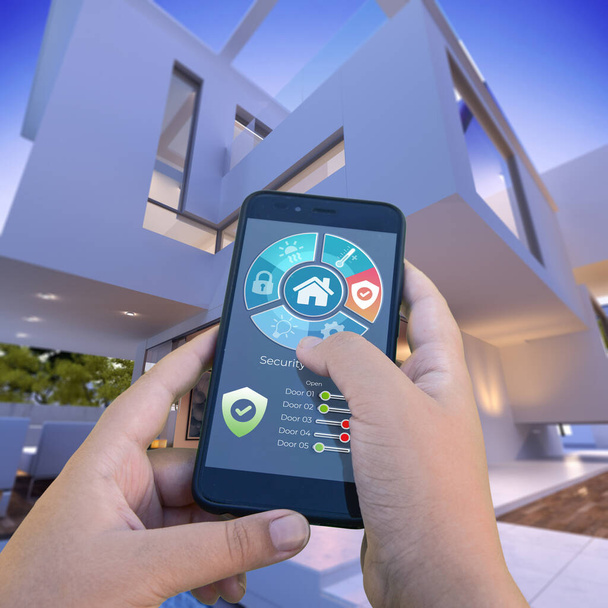 3D rendering of a modern villa with pool controlled by a smartphone from the outside - Foto, Bild