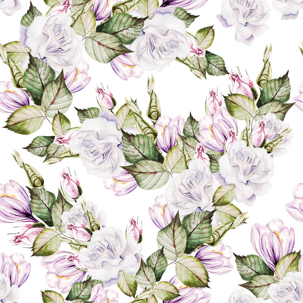 Beautiful watercolor wedding pattern with roses flowers and crocus. - 写真・画像