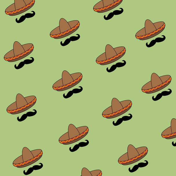 Mexican style sombrero and mustache pattern for celebration of Mexican independence or Cinco de Mayo - Vector, imagen