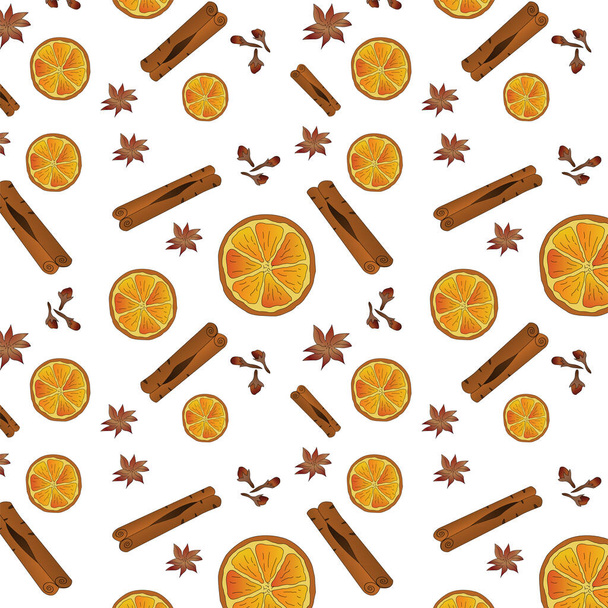 Бесшовный рисунок для рождественской апельсиновой гвоздики анисовой корицы на белом фоне векторной иллюстрации - Вектор,изображение