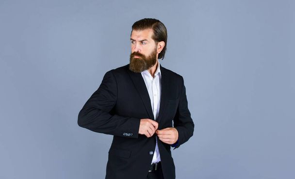 brutal businessman with perfect beard and moustache. real boss in jacket. mature man has serious look. confidence and charisma. handsome man wear office suit. male beauty and fashion - Fotografie, Obrázek
