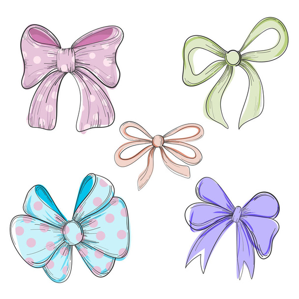 Collection of hand drawn vector bows and ribbons. Vector illustration. Cute freehand colored bow doodle, Black outline girl hair accessories and bow tie sketch, Hand drawn fashion elements - Вектор, зображення