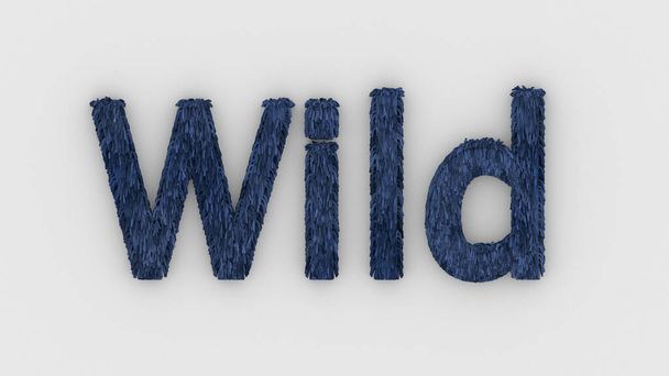 Wild - 3d word blue on white background. render furry letters. hair. wilds fur. emblem logo design template. wild animals, feeling and relationships. beasts of nature - Photo, Image