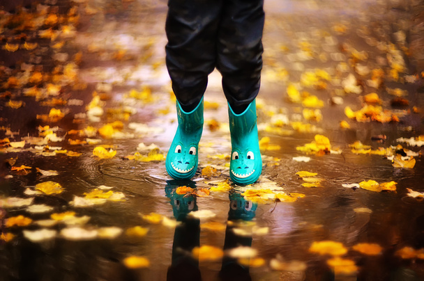 ragazzo saltando in stivali di gomma attraverso pozzanghere in autunno - Foto, immagini