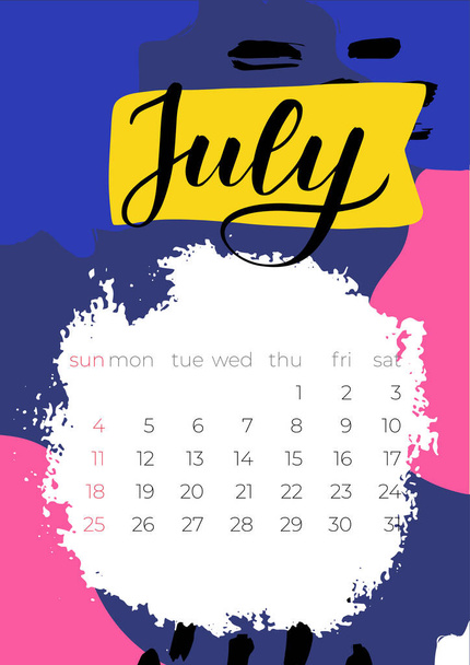2021 July English Calendar Abstract Vector Hand Draw - Vector, Image