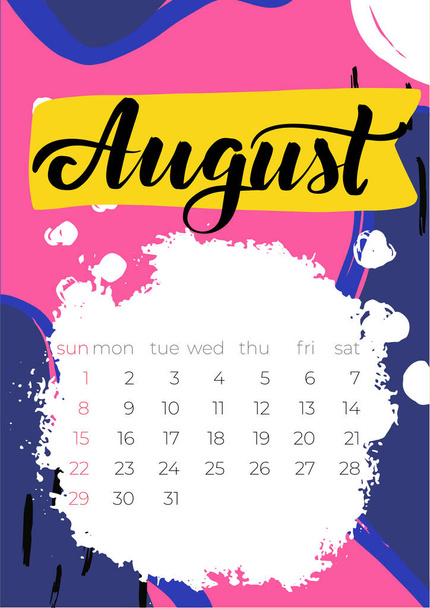 Calendar Template for August 2021. Week Starts on Sunday - Vector, Image