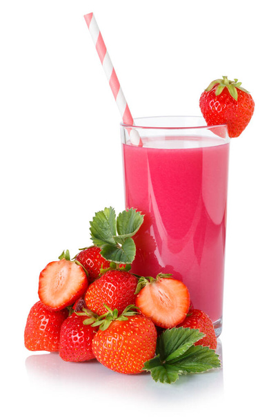 Fruit juice drink strawberry smoothie straw strawberries in a glass isolated on a white background - Фото, зображення