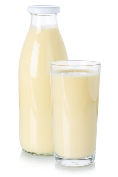 Milk drink smoothie fruit juice milkshake shake in a bottle and glass isolated on a white background - Fotoğraf, Görsel