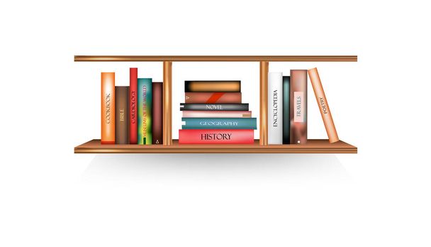 Mockup of  bookshelf with  bookson white background.Brown shelves template.Vector illustration. - Vector, Image
