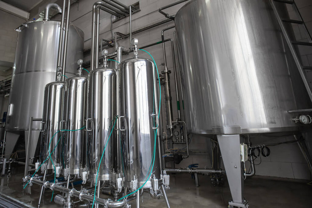 Modern Beer and Beverage Factory. Steel tanks with Liquid - Photo, Image