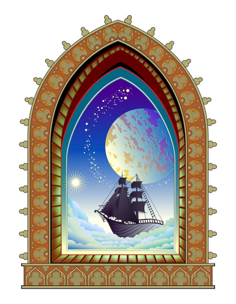 Fantasy illustration of old medieval window and futuristic view with flying sailboat between clouds. Cover for kids fairy tale book or travel company. Abstract background. - ベクター画像