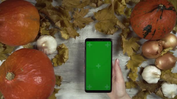 Frau bewegt Smartphone mit grünem Bildschirm nach oben und berührt es mit linkem Finger - Filmmaterial, Video