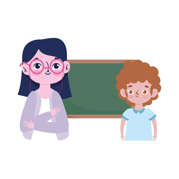happy teachers day, teacher and boy student chalkboard - Vector, Image