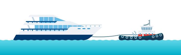 Illustration of tugboat helps motorized yacht with rope to navigate sea vector flat icon isolated - Вектор, зображення