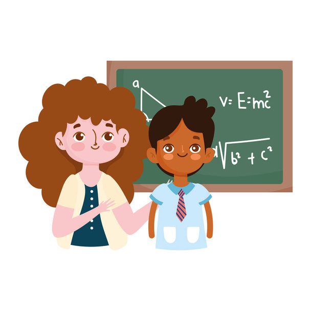 happy teachers day, teacher and student boy blackboard lesson - Vector, Image