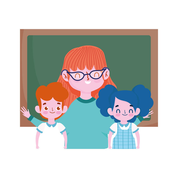 happy teachers day, cute teacher with smiling childrens in classroom - Vector, Image