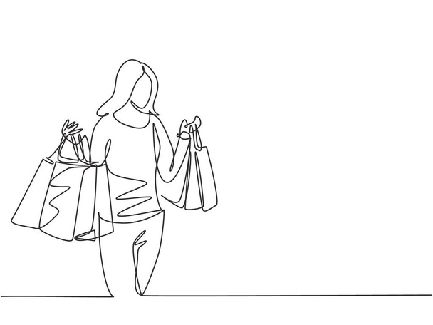 One continuous line drawing young happy beauty woman holding paper bags after buying dress, make up, cosmetic, fashion in mall. Shopping in mall concept. Single line draw design illustration - Vector, Image