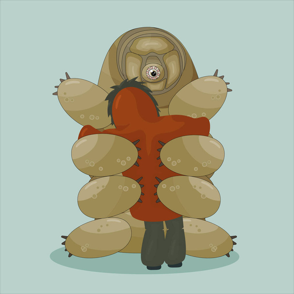 Cartoon vector Human in winter or autumn coat gives a huge hug to tardigrade on blue background. Water piglet and woman or man is not alone anymore, only happy - Vector, afbeelding