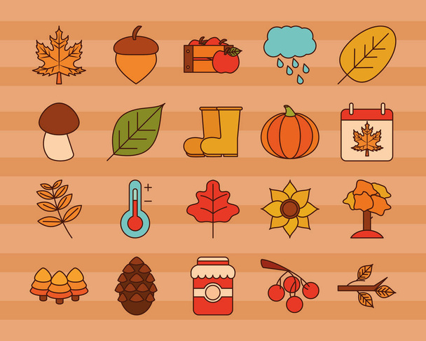 herfst seizoen weer pictogrammen set stickers lijn en vul - Vector, afbeelding