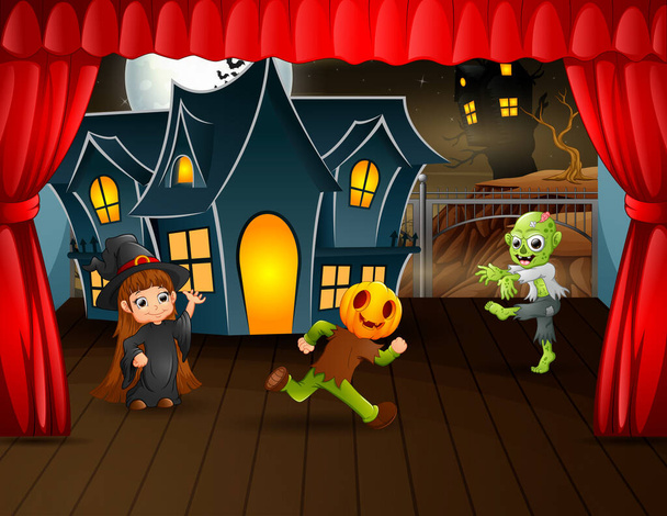 Děti v halloweenském kostýmu představení na jevišti - Vektor, obrázek
