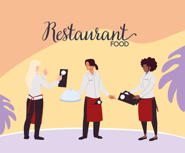 team of waiters with uniform and menus to take the order - Vector, Image