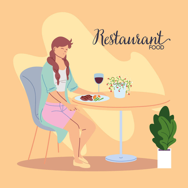 Junge Frau sitzt in einem schönen Restaurant beim Abendessen mit einem Glas Wein - Vektor, Bild