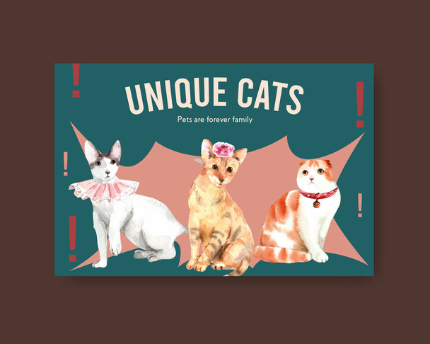 Facebook шаблон дизайн с милым котом для социальных сетей, реклама и онлайн сообщество акварели иллюстрации - Вектор,изображение