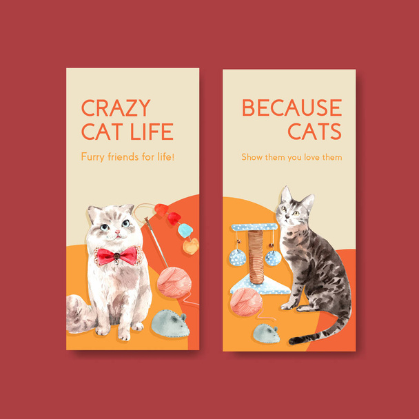 Дизайн шаблона флаера с милым котом для брошюры, рекламы и листовки акварельной иллюстрации - Вектор,изображение