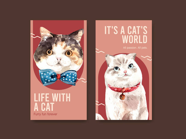 Дизайн шаблона Instagram с милым котом для социальных сетей и онлайн сообщества акварели иллюстрации - Вектор,изображение