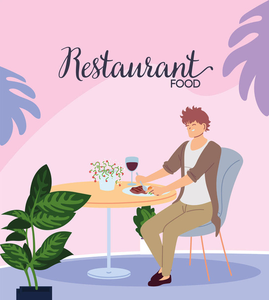 młody człowiek siedzi w pięknej restauracji jedząc kolację ze szklanką wina - Wektor, obraz
