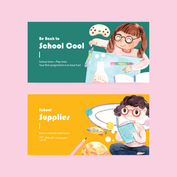 Back to school and education concept with twitter template for advertising online and digital marketing watercolor Vector Illustration - Vector, Image
