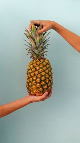 A vertical shot of hands holding a pineapple - Foto, Bild