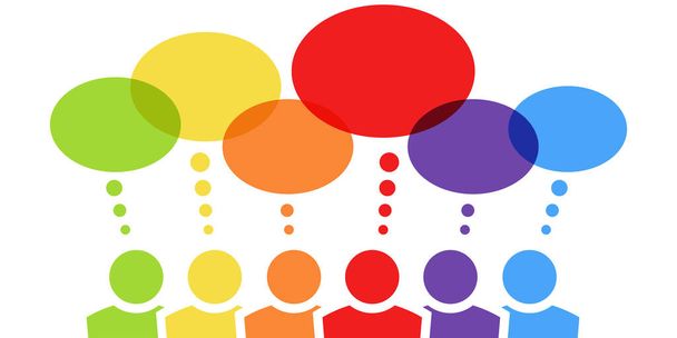 EPS-Vektorillustration von sechs verschiedenen farbigen Teampersonen mit Gedankenblasen über dem Kopf und freiem Raum für Text - Vektor, Bild