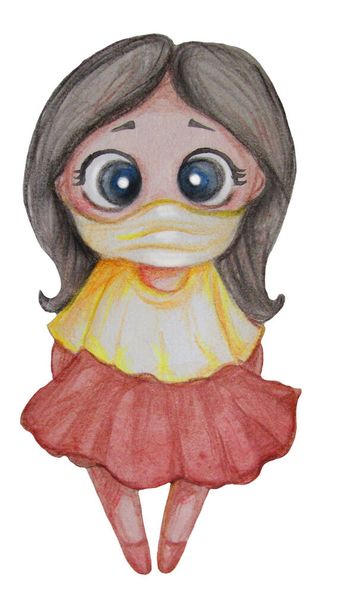 Πανδημία και covid έννοια. Ένα χαριτωμένο κοριτσάκι στέκεται σε μια ιατρική μάσκα. Υδατογραφίες και χρωματιστά μολύβια. Ζωγραφική χεριών. Απομονωμένο σε λευκό φόντο. Φωτογραφία - Φωτογραφία, εικόνα