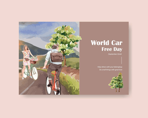 Facebook template with World Car Free Day concept design for social media and internet watercolor vector. - Vector, Image