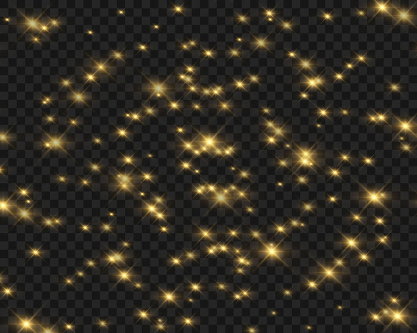 Parıldayan parçacık etkisi. Şeffaf arkaplanda ışıldayan parçacıklardan oluşan altın parıldayan kozmik yıldız tozu izi. Vektör illüstrasyonu - Vektör, Görsel