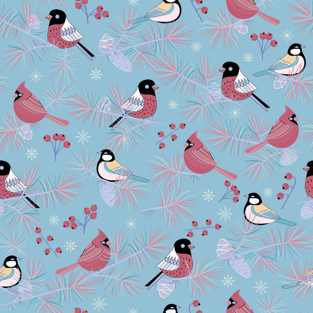 Bosque de invierno vectorial y aves en colores dulces patrón sin costuras imprimir fondo. - Vector, imagen