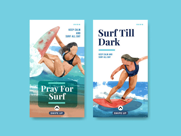 Instagram template met surfplanken op het strand ontwerp voor de zomer vakantie tropische en ontspanning aquarel vector illustratie - Vector, afbeelding