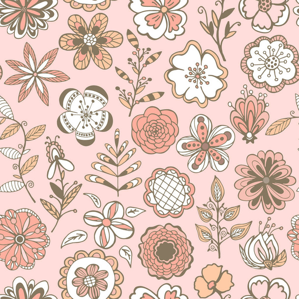 Hand drawn seamless pattern of blooming flowers, leaves with patterns. Spring floral set elements. Colorful doodle sketch illustration for design card, invitation, wallpaper, wrapping paper, baby room - Vector, afbeelding